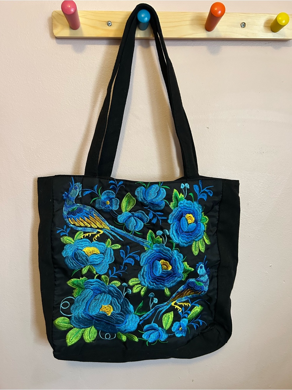 Black Tote Bag with Blue Floral Embroidery